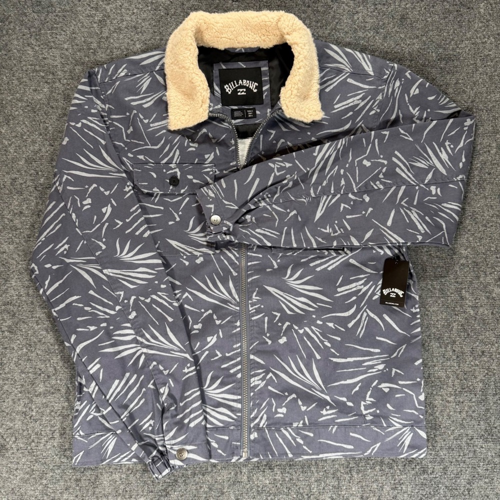 Billabong Xander Jacket Mens Small Blue Grey Tropical Print Sherpa Collar New